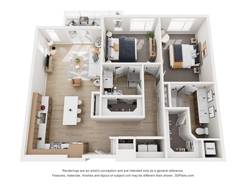 Floor plan for 2 beds, 2 baths, 1232 sqft